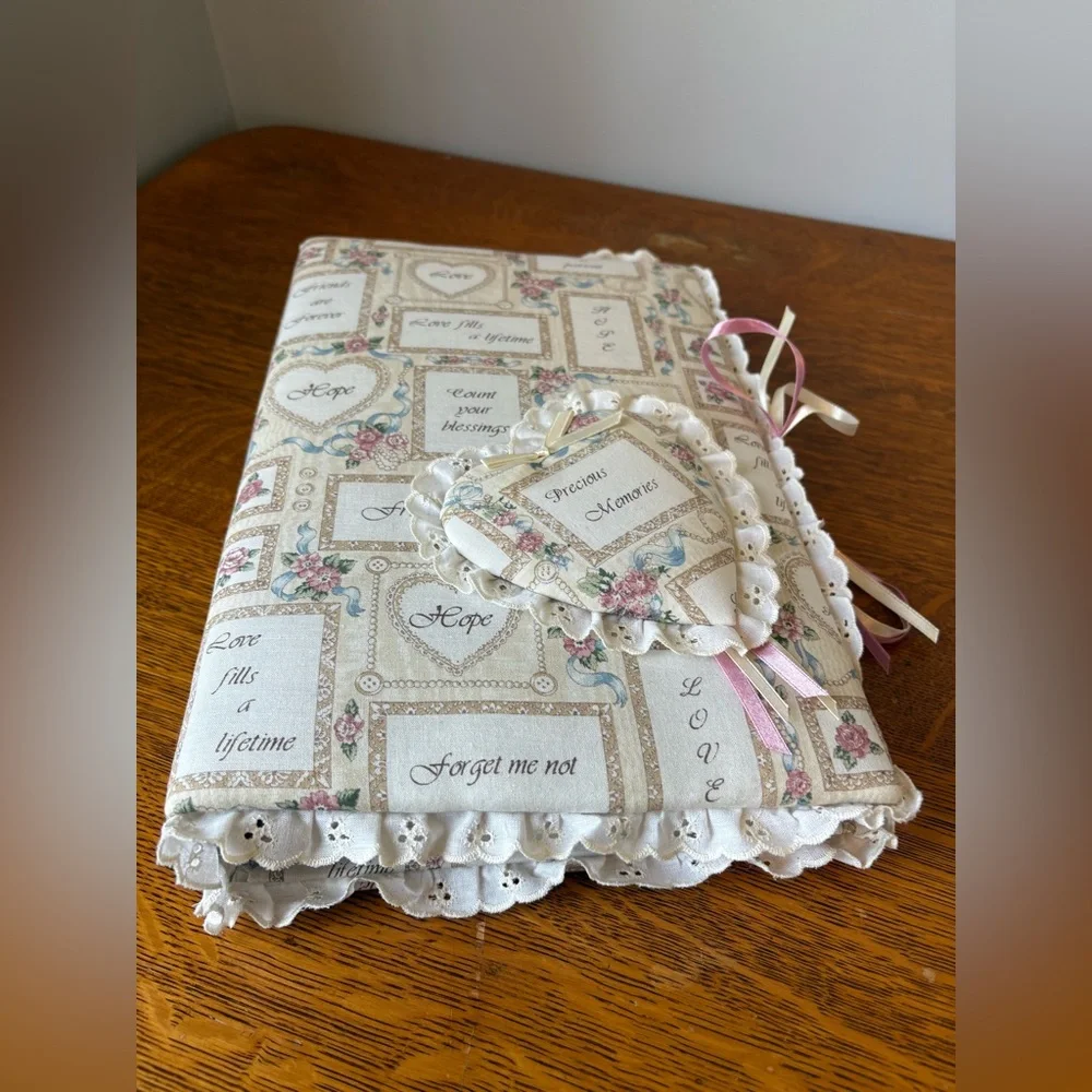Vintage Fabric Covered Photo Album Shabby Chic Bow Heart Eyelet Scalloped Edge